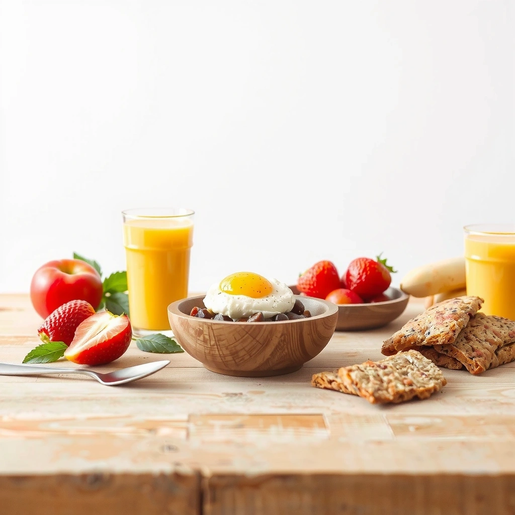 Ausgewogenes Frühstück auf Holztisch